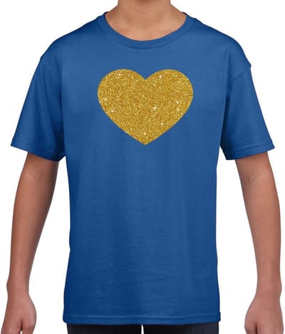 Feestkleding t-shirt - kinderen - met gouden glitter hartje - blauw - korte mouwen 104/110