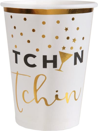 SANTEX - 10 papieren bekers "Tchin Tchin" wit en goud 7,8 x 9,7 cm feestelijk