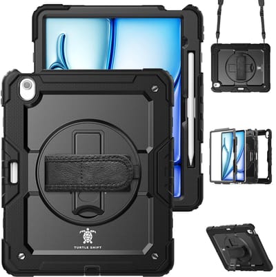 Turtle Shift Hoes - Geschikt voor Air 13 inch (M4 / M3 / M2) - Hoes met screen protector - Schouderriem - Handriem - Shockproof - Met Standaard - Pencil Houder - Zwart