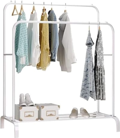 PromoHome Dubbele Kledingstandaard met Schoenenrek - 110 x 150 x 54 cm met schoenenhouder, organizer, eenvoudige montage (Wit)