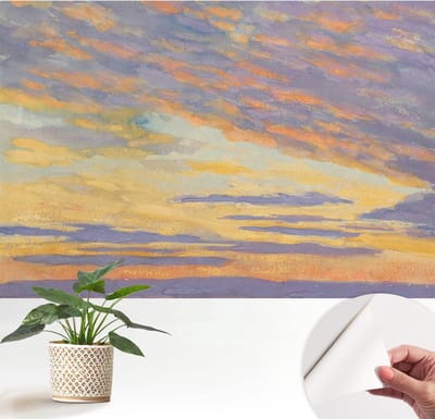 Wallfluent Zelfklevend Behang - Pastelkleurige hemel Zelfklevend fotobehang - 152x104 cm - Paars Zelfklevend Behang - Peel-and-stick techniek - Voor de slaapkamer, woonkamer en hal Zelfklevend Behang
