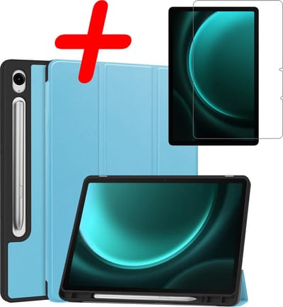 Hoesje Geschikt voor Samsung Galaxy Tab S9 FE - Met Screenprotector - Trifold Bookcase - Hard Cover Case - Met Uitsparing Geschikt voor S Pen - Hardcover Book - Tablet Hoes - Lichtblauw