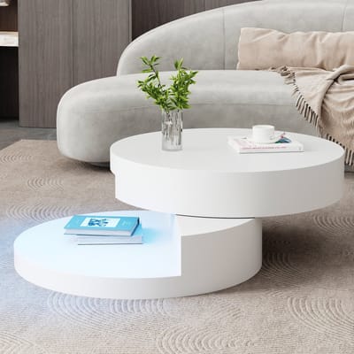 OKWISH Salontafel - Draaibaar Tafelblad Met LED - Voor Woonkamer - MDF Wit - 70 x 70 x 35,5 cm