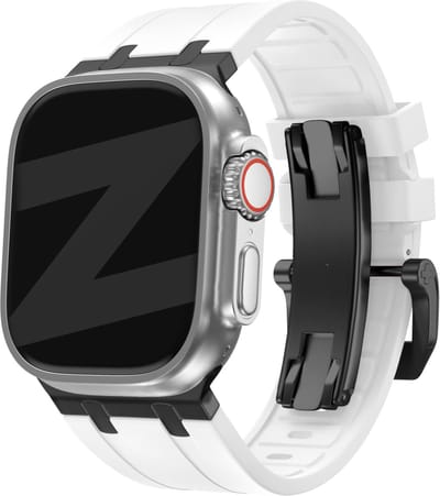 Bandz Siliconen band 'Luxe Liquid' - Hoogwaardig siliconen bandje geschikt voor Apple WatchSeries 1/2/3/4/5/6/7/8/9/10/11/SE/SE2/SE3/Ultra (2/3) - grote maten - 42mm / 44mm / 45mm / 49mm - wit met zwarte connectors