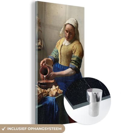 MuchoWow® Glasschilderij 20x40 cm - Schilderij acrylglas - Het melkmeisje - Schilderij van Johannes Vermeer - Foto op glas - Schilderijen