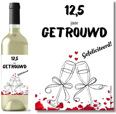 Wijnetiket 12,5 Jaar Getrouwd | Champagneglazen Met Hartjes | Jubileum Cadeau