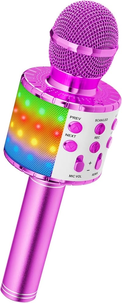 Draadloze karaokemicrofoon, karaokemicrofoon voor kinderen met led-dansverlichting, Bluetooth-microfoon voor kinderen, meisjes en jongens, voor zang op feestjes, kerstcadeau-idee voor verjaardagscadeaus, paars