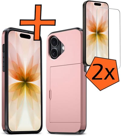 Hoesje Geschikt voor iPhone 17 Hoesje Pasjeshouder Shockproof Hard Case Met 2x Screenprotector - Hoesje Geschikt voor iPhone 17 Hoes Met Kaarthouder - Rosé goud