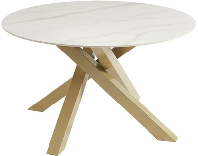Vente-unique Ronde eettafel voor 4 personen in keramiek en goudkleurig metaal - Witte marmereffect - LENUMIA
