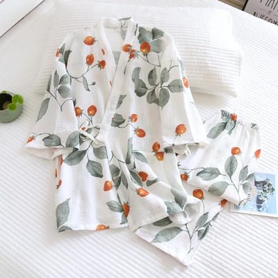 Printemps Été Kimono Japonais Mis à Jour Pyjama en Coton pour Dames Ensemble Deux Pièces Pantalon Manches Trois-quarts Coupe Confortable Collection Vêtement d'Intérieur Femme XL white