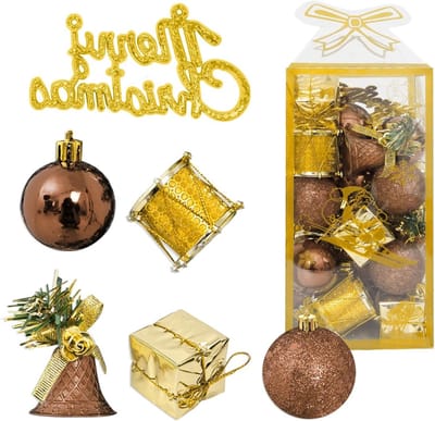 32-delige set kerstballen van 4 cm - Plastic ornamenten, geschenkdozen, trommels en bellen voor kerstboom, kransen en guirlandes - Herbruikbare kerstdecoratie