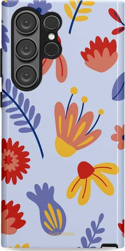 Casetastic hoesje geschikt voor Samsung Galaxy S23 Ultra - Dubbellaagse bescherming - Bloemenwind - Fashion Case - Lichtblauw Terracotta Geel