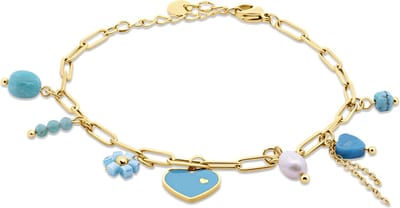 CO88 Collection - 8CB-91348 - schakelarmband vrouwen met blauwe kralen en bedels - goudkleurig