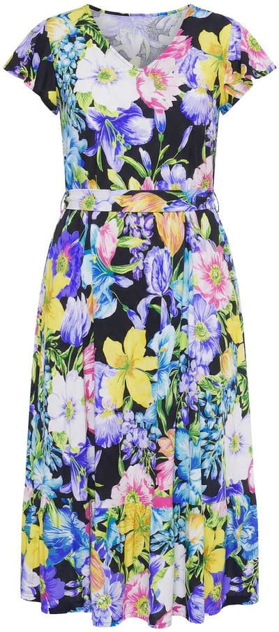 MIAMODA - Dames - Jersey jurk A-lijn bloemenmotief - Zwart - Maat 46