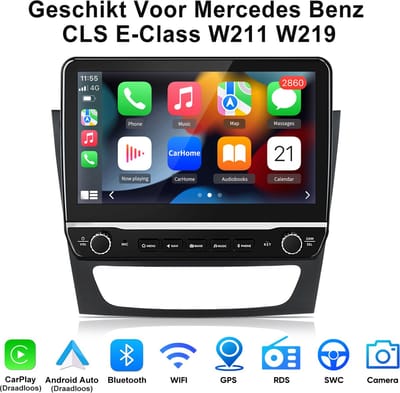 Junsun Android 15 Autoradio Geschikt Voor Mercedes Benz CLS E-Class W211 W219 Accessoires, 2GB+64GB, Draadloze CarPlay & Andriod Auto, DAB+, GPS-navigatiesysteem, 10.1-inch Touchscreen, Bluetooth, SWC, WiFi, DSP, USB, FM, DSP, Quad-core processor