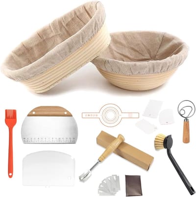Famanu – Zuurdesembestendige mand - Jetaine - 23 cm en 25 cm banneton-veilige manden met stoffen voering - zuurdesem conservering mand broodbestendige mand complete zuurdesem brood bakken starterkit