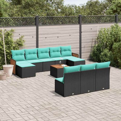 vidaXL - 11-delige - tuinbankset - met - kussens, - zwart - polyrotan