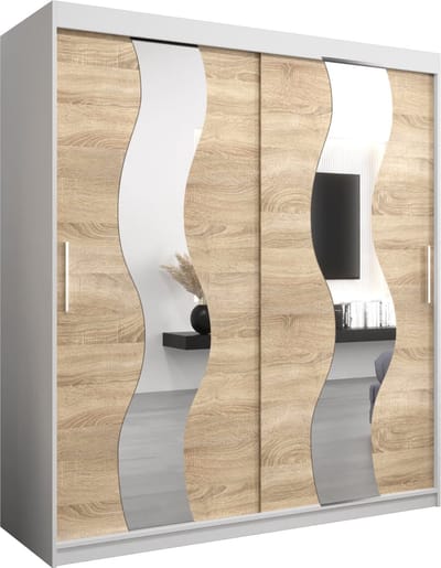 InspireMe - Kledingkast met 2 schuifdeuren, Modern-stijl, Een kledingkast met planken en een spiegel (BxHxD): 180x200x62 - REESE 180 Wit Mat + Sonoma Eik