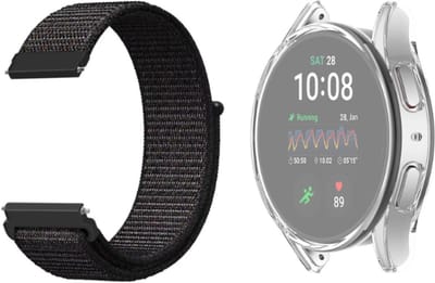 Strap-it Nylon band Zwart + TPU Case Transparant - Geschikt voor Samsung Galaxy Watch 5 44mm - Bescherming hoesje voor Galaxy Watch 5 44mm smartwatch - Zachte nylon band zwart + TPU Case Transparant