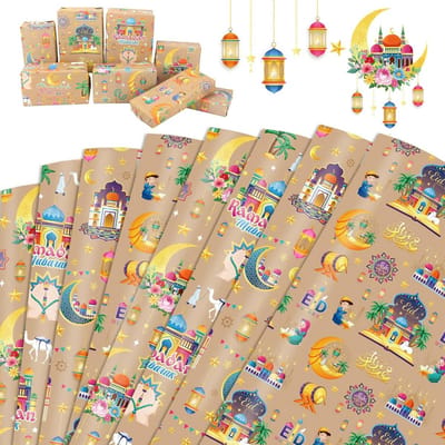 Dailygoods- Inpakpapier Eid Mubarak - 8 Vellen Kraftpapier - 50 cm x 70 cm - Ramadan Decoraties - Cadeauverpakking - Hoogwaardige Afdrukken - Cadeaupapier