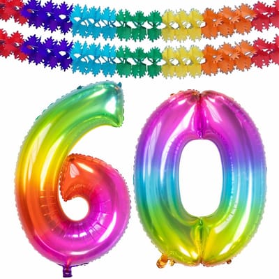 Folat Verjaardag Leeftijd folieballon - 60 jaar - multi kleuren - 86 cm - cijferballon groot - incl 2x feestslingers