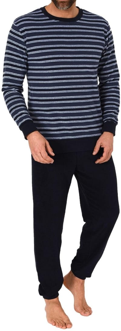Herenpyjama in badstof met lange mouwen en manchetten in streepjes-look - ook in overmaten