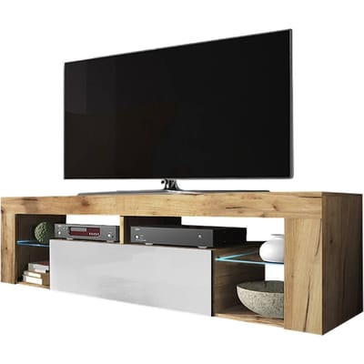 Selsey - BIANKO - TV-meubel met nissen - 140 cm - Lancaster eik / Hoogglans wit