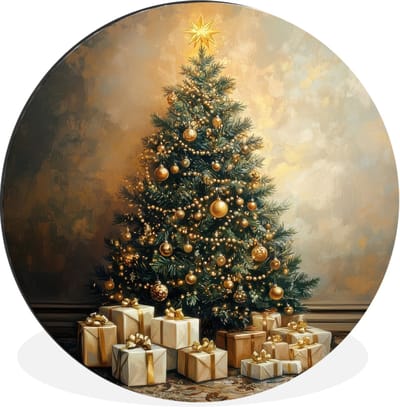 WallCircle - Wandcirkel - Muurcirkel - Kerstboom - Cadeaus - Goud - Aluminium - Dibond - 30x30 cm - Binnen en Buiten