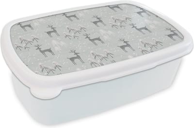 Broodtrommel Wit - Lunchbox - Brooddoos - Patronen - Hert - Winter - 18x12x6 cm - Volwassenen