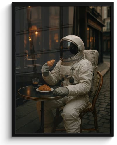 Poster in lijst - Fotolijst 60x80 cm - Posters - Café - Croissant - Koffie - Astronaut - Posterlijst zwart - Decoratie - Wanddecoratie woonkamer - Muurdecoratie slaapkamer