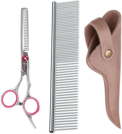Professor Q – Professionele Effileerschaar – Roze – Premium RVS Uitdunschaar – Voor Kapper & Thuisgebruik met Luxe Lederen Etui – 16,5 cm – Brons + Anti-Klit Kam – Pijnloos & Huisdiervriendelijk