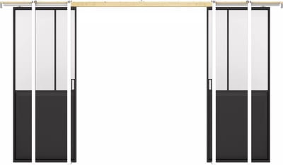 Vente-unique Dubbele schuifdeur werkplaatsstijl met schuifsysteem - Zwart en gehard glas - 2 x H205 x B63 cm - ARTISTO II