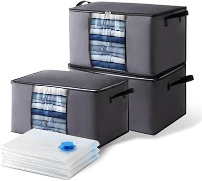 SnelShoppen - Set van 3 Opvouwbare Opbergdozen 60 x 40 x 35 cm (Donkergrijs) + 3 Vacuümzakken 70 x 50 cm, Niet-Gebreide Opbergboxen met Venster voor D
