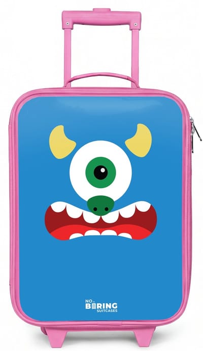 NoBoringSuitcases.com® - Kinderkoffer roze - Kindertrolley meisje - Dierenportret blauw monster - Koffer kind lichtgewicht - Reiskoffer trolley voor kinderen - Koffertje met lichtgevende wieltjes - Rolkoffer