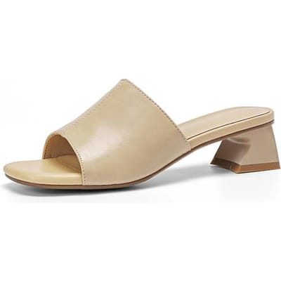 Mode Nieuwe Vierkante Neus Blokhak Effen Kleur Retro Sandalen Koeienleer Slippers Dikke Hakken Sandalen Schoenen Vrouw Slides 39 beige