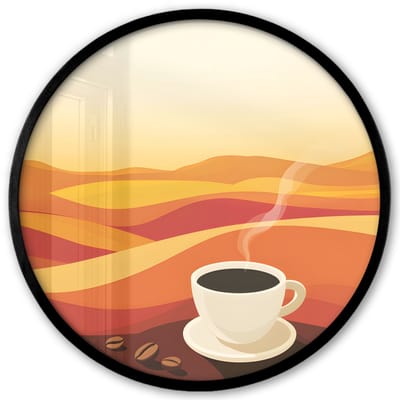 Poster in lijst Rond - Fotolijst 40x40 cm - Posters - Koffie - Landschap - Oranje - Koffiebonen - Ronde posterlijst zwart - Decoratie - Wanddecoratie woonkamer - Muurdecoratie slaapkamer