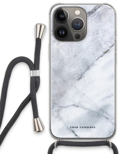 Case Company® - Hoesje met koord geschikt voor iPhone 13 Pro hoesje met Koord - Witte marmer - Telefoonhoesje met Zwart Koord - Bescherming aan alle Kanten en Over de Schermrand