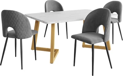 Eetset Eettafel met 4 stoelen Grijs Fluweel Eetkamerstoel Verstelbare stoelpoten Keukentafelset Gouden tafelpoten