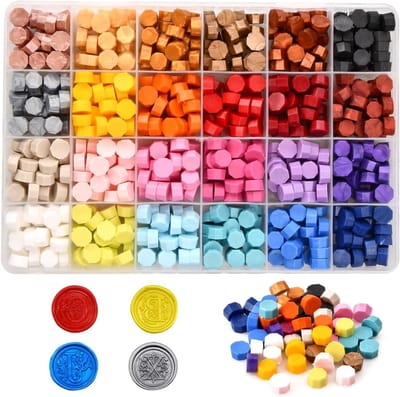 600 Stukken Waszegel Kralen Set, Octagonale Kralen in 24 Kleuren voor Briefen, Huwelijksuitnodigingen en Cadeauboxen met Opbergdoos