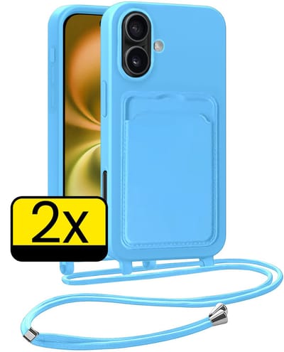 Hoesje Geschikt voor iPhone 16 Plus Telefoonhoesje Met Koord Case Pashouder Siliconen - Hoes Geschikt voor iPhone 16 Plus Hoesje Met Kaarthouder - Lichtblauw - 2 Stuks