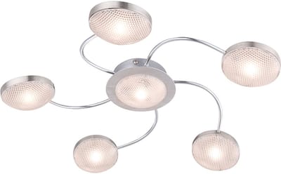 LED plafondlamp 6 vlammen plafondspot nikkel mat chroom aluminium plafondlamp, 5 armen, 6x LED 345lm warm wit, 43x6cm, woonkamer hal slaapkamer hal