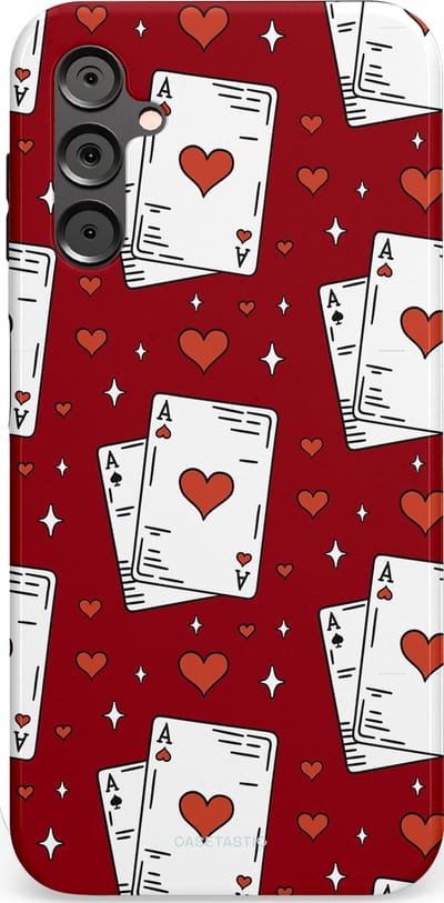 Casetastic hoesje geschikt voor Samsung Galaxy A14 (2023) 5G / Samsung Galaxy A14 (2023) 4G - Dubbellaagse bescherming - Kaarten Aas - Fashion Case - Bordeaux Wit Zilver