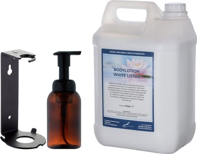 Zeepdispenser 300 ml amber bruin hervulbaar + 5 liter Bodylotion White Lotus navulling (inclusief beugel)