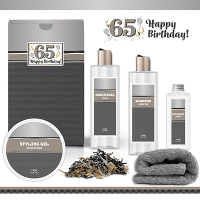 Geschenkset “65 Jaar Happy Birthday!” - 5 producten - 900 gram | Giftset voor hem - Luxe wellness cadeaubox - Styling Gel - Douchegel - Cadeau man - Gefeliciteerd - Set Verjaardag - Geschenk jarige - Cadeaupakket vader - Verjaardagscadeau - Zilver