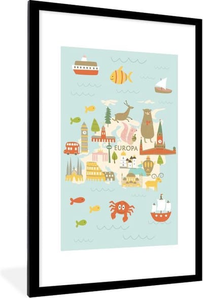 Wereldkaart Kinderen - Europa - Kleuren - Schoolplaat - Kinderkamer - 60x90 cm