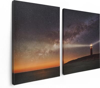 Artaza Canvas Schilderij Tweeluik Vuurtoren Texel in de Nacht  - 120x80 - Foto Op Canvas - Canvas Print