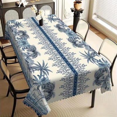 Tropische Blauwe Palmboom Print Tafelkleed, Kust Chinoiserie Stijl met Golvende Rand, Vlekbestendig voor Eetkamer & Zomer 90x140cm gray
