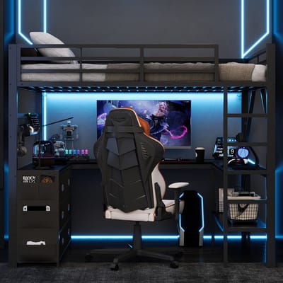 Metalen gaming hoogslaper - Zwarte hoogslaper met bureau - Hoogslaper met lades en planken - Bed met led verlichting - 140x200 cm - Opbergen - Gaming Zwart