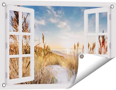 Gards Tuinposter Doorkijk Strand en Zee vanuit Duinen met Zonsondergang - 60x40 cm - Tuindoek - Tuindecoratie - Wanddecoratie buiten - Tuinschilderij