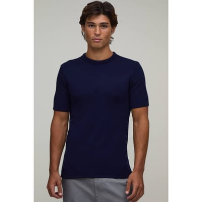 Gebreid T-shirt Met Zachte Touch En Muscle Fit | Navy | Size Large